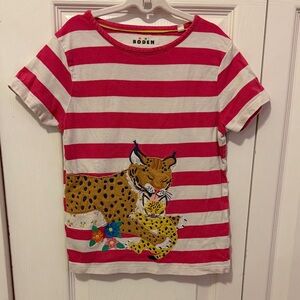 Boden Kids Pink Striped Short Sleeve Appliqué T-shirt with Lynx Design